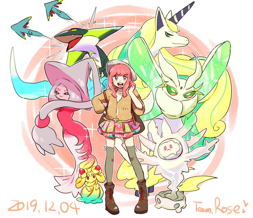 1girl alcremie alternate_color alternate_hair_color alternate_hairstyle boots creature cursola dated frosmoth full_body galarian_form galarian_rapidash gen_8_pokemon hat hatterene long_hair looking_at_viewer miniskirt mizuto_(o96ap) pokemon pokemon_(creature) pokemon_(game) pokemon_swsh skirt standing thigh-highs toxtricity yuuri_(pokemon)