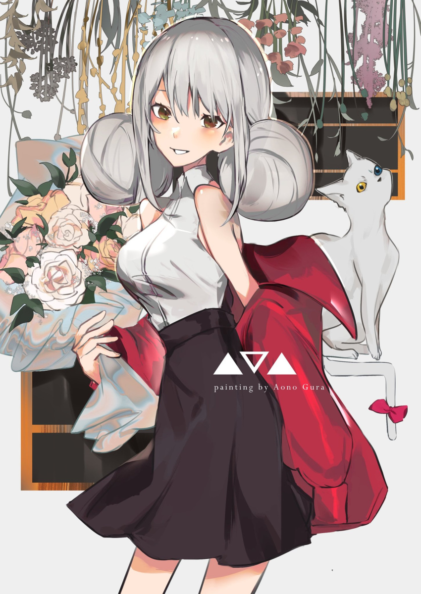 1girl aonogura artist_name black_skirt blush bouquet bow breasts brown_eyes cat flower grey_hair hairstyle_request heterochromia highres holding holding_bouquet looking_at_viewer medium_breasts original pink_bow simple_background skirt sleeveless smile standing tail tail_bow white_background white_cat