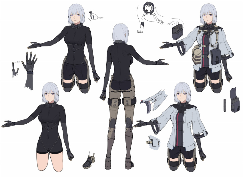 1girl absurdres bag bangs belt black_shorts breasts closed_mouth duoyuanjun english_text eyebrows_visible_through_hair girls_frontline highres jacket multiple_views pouch rpk-16_(girls_frontline) short_hair shorts silver_hair simple_background smile standing violet_eyes white_background wide_sleeves