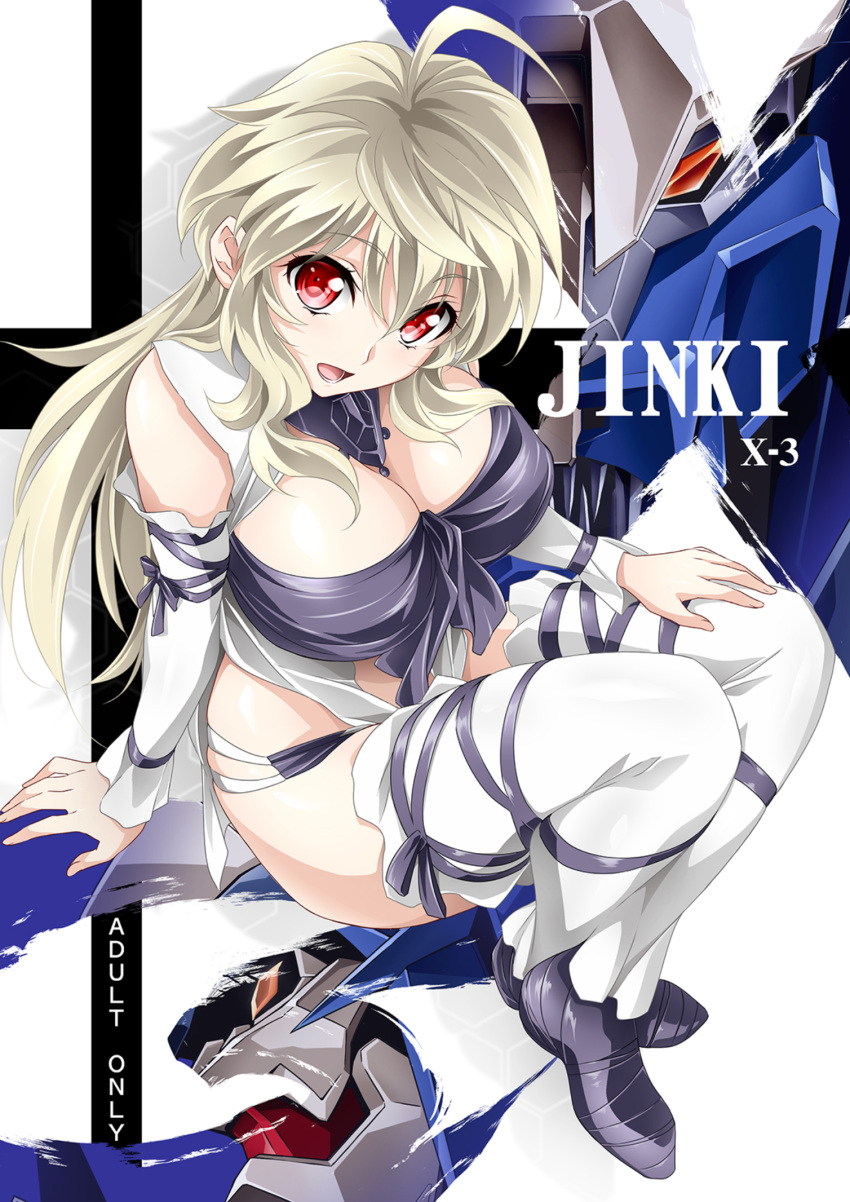 breasts cover cover_page detached_sleeves doujin_cover doujinshi hand_on_own_knee highres jinki jinrouki_winvurga large_breasts long_hair long_sleeves looking_at_viewer mashiro_(jinrouki_winvurga) mecha red_eyes silver_hair sitting smile tsunashima_shirou
