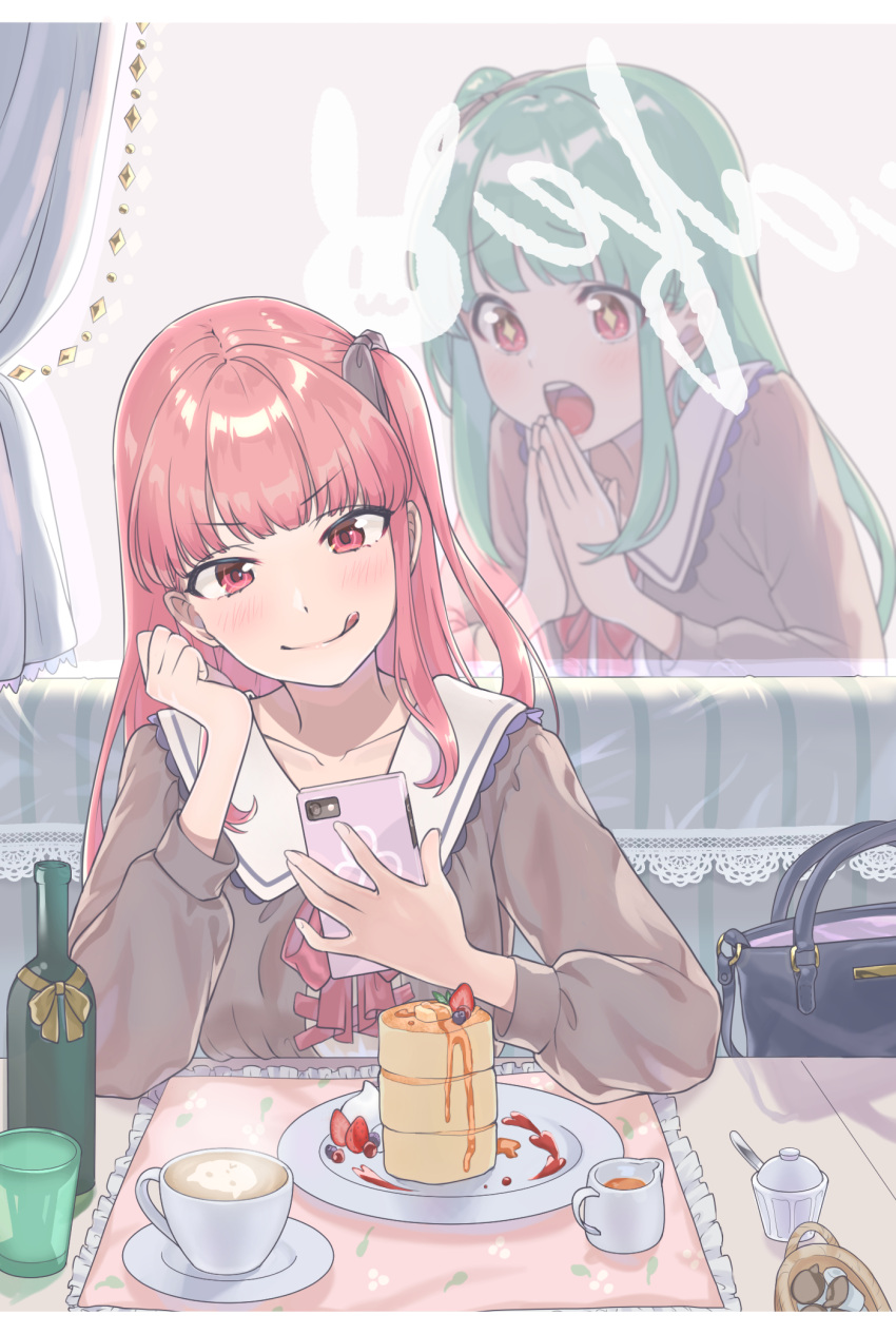 2girls animal_print aqua_hair bag basket blueberry blush bottle brown_shirt bunny_print butter cafe cake cellphone coffee_cup cup curtains disposable_cup food frills fruit hair_tie handbag hands_together highres holding holding_phone indoors kotonoha_akane kotonoha_aoi lace latte_art long_hair looking_at_another mofu_mofudog multiple_girls neck_ribbon open_mouth phone pink_hair red_eyes red_ribbon restaurant ribbon sailor_collar school_uniform shirt siblings sisters sitting smartphone smile sparkling_eyes strawberry sweets syrup tongue tongue_out v-shaped_eyebrows voiceroid window wine_bottle