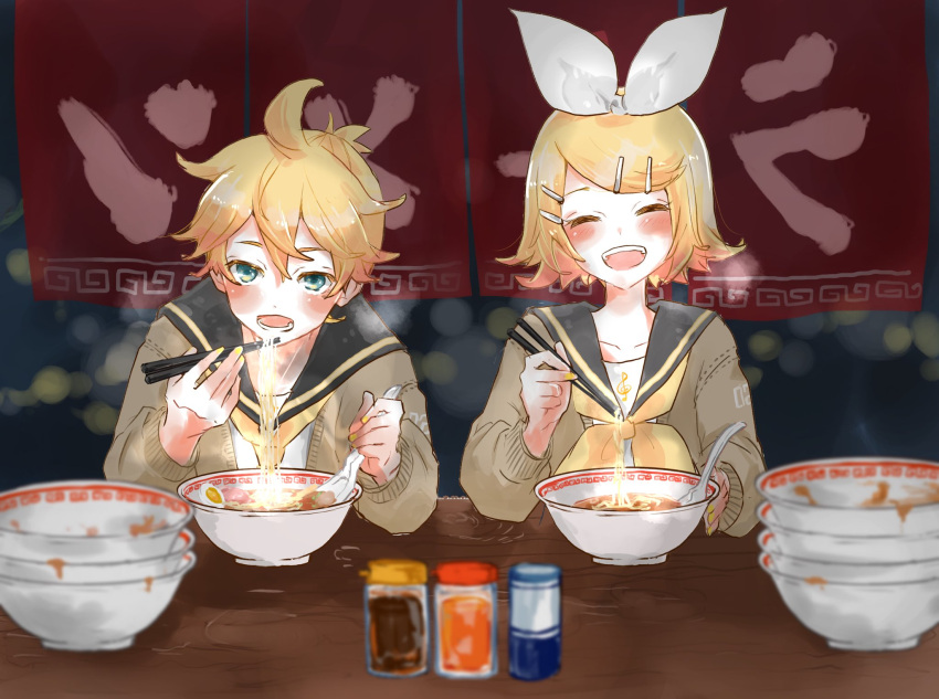 1boy 1girl aqua_eyes bangs bass_clef black_collar blonde_hair blurry blurry_background blurry_foreground blush bokeh bow bowl bowl_stack cardigan chopsticks closed_eyes collar commentary depth_of_field eating egg facing_viewer food hair_bow hair_ornament hairclip highres holding holding_chopsticks holding_spoon kagamine_len kagamine_rin nail_polish neckerchief necktie noodles open_mouth pale_skin ramen sailor_collar sakanashi sauce school_uniform shirt short_hair short_ponytail smile spiky_hair spoon swept_bangs tapestry treble_clef upper_body vocaloid white_bow white_shirt yellow_nails yellow_neckwear