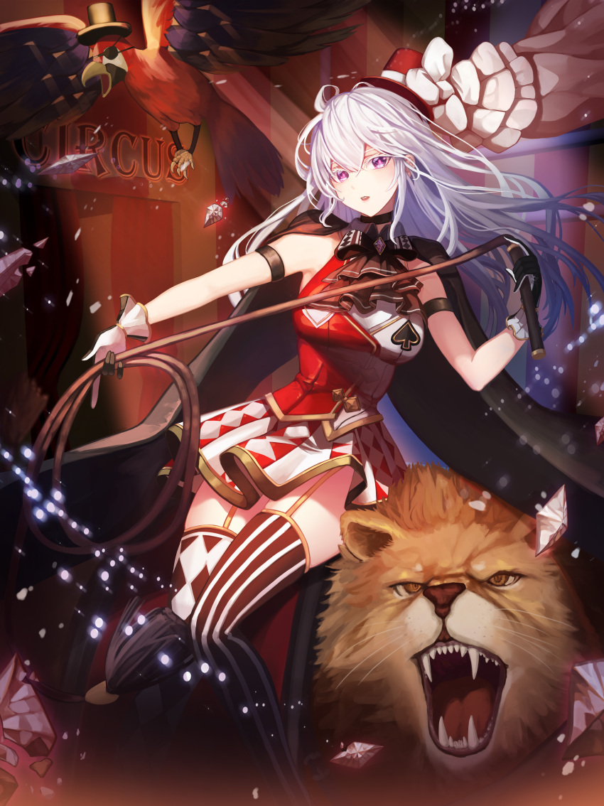 1girl absurdres bangs bare_shoulders bird black_cape black_gloves breasts cape circus commentary_request gloves hair_between_eyes hat highres holding_whip large_breasts lion long_hair looking_at_viewer nani_(goodrich) open_mouth original red_headwear red_legwear red_skirt sharp_teeth skirt teeth thigh-highs two-tone_gloves two-tone_legwear two-tone_skirt violet_eyes whip white_gloves white_hair white_legwear white_skirt