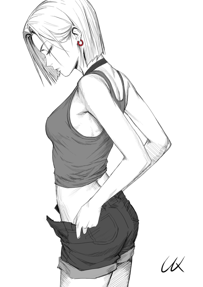 android_18 ass asymmetrical_bangs bangs breasts choker dragon_ball dragon_ball_z earrings flat_ass from_side highres jewelry lolik looking_down medium_breasts monochrome open_fly red_earrings short_hair shorts signature spot_color tank_top undressing