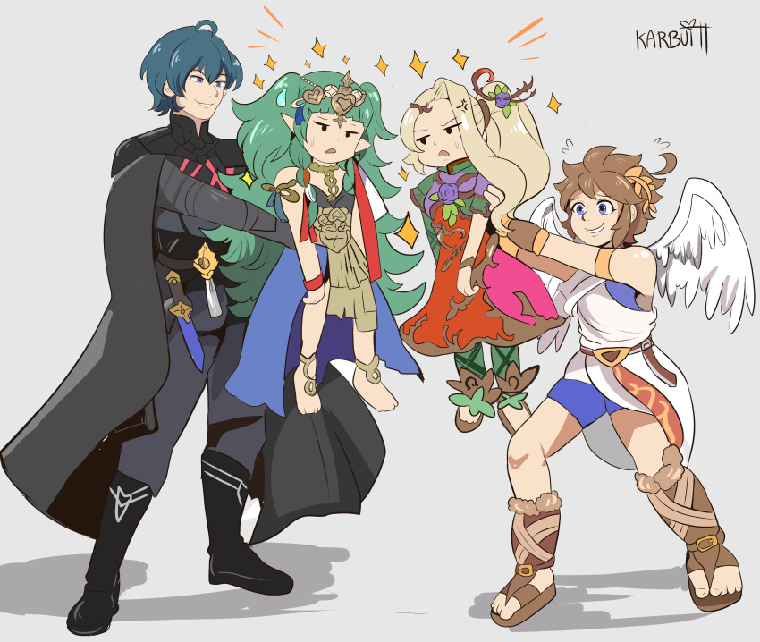 2boys 2girls absurdres angel_wings armor artist_name barefoot blonde_hair blue_eyes blue_hair braid brown_hair byleth_(fire_emblem) byleth_eisner_(male) cape dress fire_emblem fire_emblem:_three_houses green_hair grey_background grin hair_ornament highres holding karbuitt kid_icarus kid_icarus_uprising long_hair multiple_boys multiple_girls nachure open_mouth pit_(kid_icarus) pointy_ears ponytail ribbon_braid short_hair simple_background smile sothis_(fire_emblem) super_smash_bros. tiara twin_braids wings