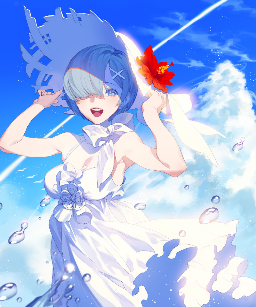 1girl bare_shoulders bird blue_eyes blue_hair blush bow clouds cloudy_sky condensation_trail dress fajyobore323 flower hair_ornament hairclip hat hat_flower hibiscus highres open_mouth outdoors re:zero_kara_hajimeru_isekai_seikatsu red_flower rem_(re:zero) shaded_face short_hair sky smile solo tongue upper_teeth water white_bow white_dress white_headwear