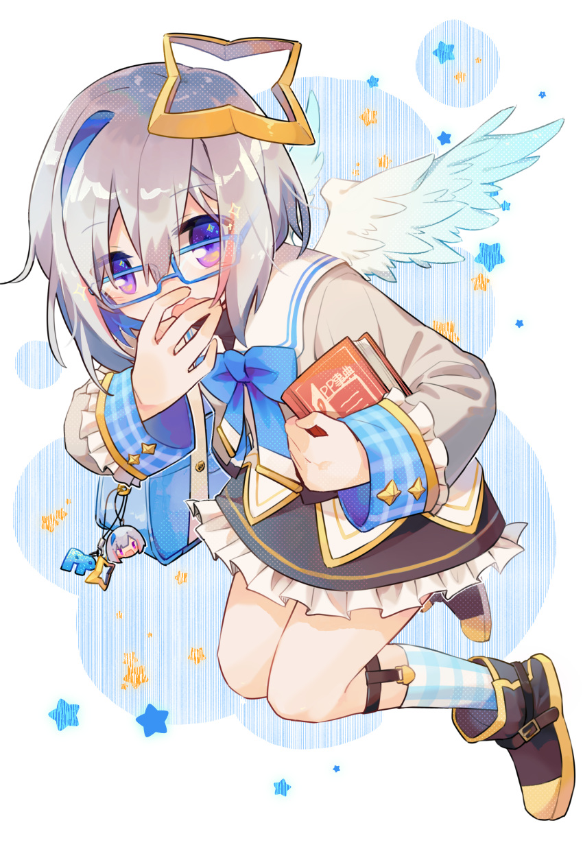1girl absurdres amane_kanata angel_wings bespectacled book boots commentary_request embarrassed full_body glasses hand_on_own_face highres hololive keychain looking_at_viewer ribbon school_uniform short_hair silver_hair solo violet_eyes virtual_youtuber wings