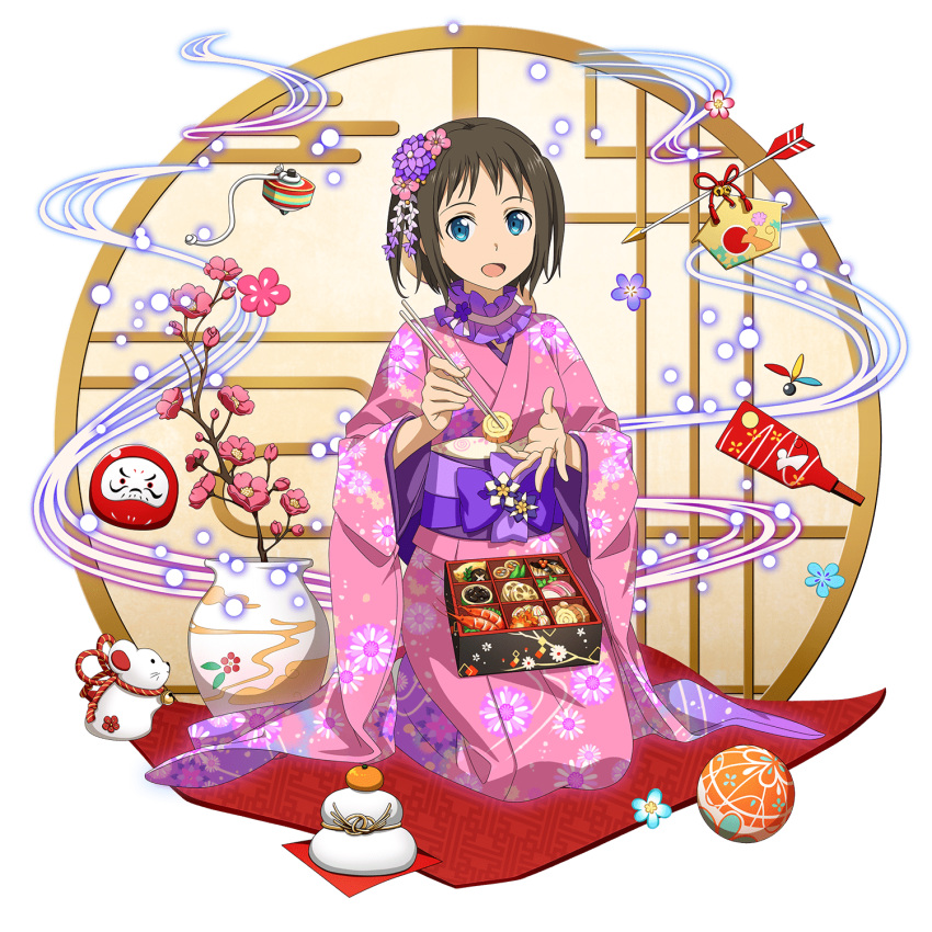 1girl :d blue_eyes brown_hair chopsticks daruma_doll floral_print flower full_body hair_flower hair_ornament highres holding holding_chopsticks japanese_clothes kimono kneeling long_sleeves looking_at_viewer official_art open_mouth pink_flower pink_kimono print_kimono purple_flower ronye_arabel shiny shiny_hair short_hair smile solo sword_art_online transparent_background wide_sleeves yukata