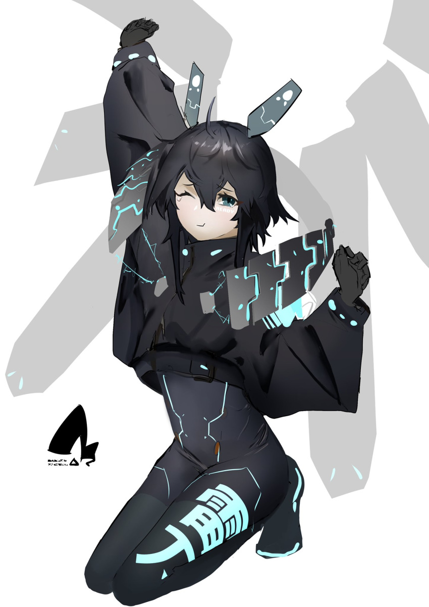 1girl ahoge arm_up black_gloves black_hair blue_eyes closed_mouth eyebrows_visible_through_hair floating gloves glowing headgear highres kneeling medium_hair one_eye_closed original smile so_ki_chi solo tears