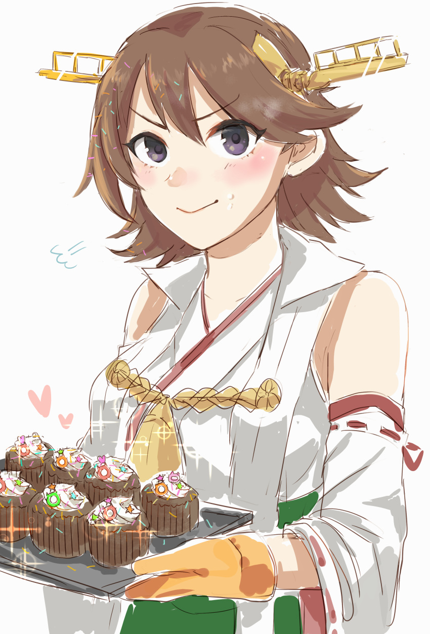 1girl absurdres brown_hair commentary_request cupcake detached_sleeves flipped_hair food green_skirt grey_eyes hagioshi hairband headgear hiei_(kancolle) highres japanese_clothes kantai_collection looking_at_viewer oven_mitts ribbon-trimmed_sleeves ribbon_trim short_hair simple_background skirt solo upper_body white_background