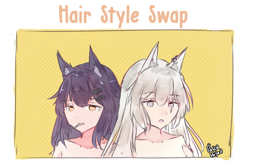 2girls animal_ear_fluff animal_ears arknights artist_name bangs black_hair border brown_eyes collarbone commentary earrings english_commentary eyebrows_visible_through_hair grey_eyes hair_between_eyes hair_ornament hairclip jewelry lappland_(arknights) long_hair looking_at_viewer multiple_girls nude open_mouth pascahujan polka_dot polka_dot_background sidelocks signature silver_hair texas_(arknights) upper_body white_border wolf_ears yellow_background