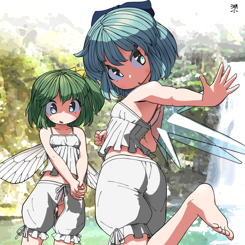 2girls artist_name bare_arms bare_shoulders barefoot bloomers blue_bow blue_eyes blue_hair blush bow camisole cirno collarbone daiyousei flat_chest green_eyes green_hair hair_between_eyes hair_bow hands_together highres huxiao_(mistlakefront) ice ice_wings leg_up looking_back multiple_girls open_mouth ponytail short_hair touhou underwear water waterfall wings yellow_bow
