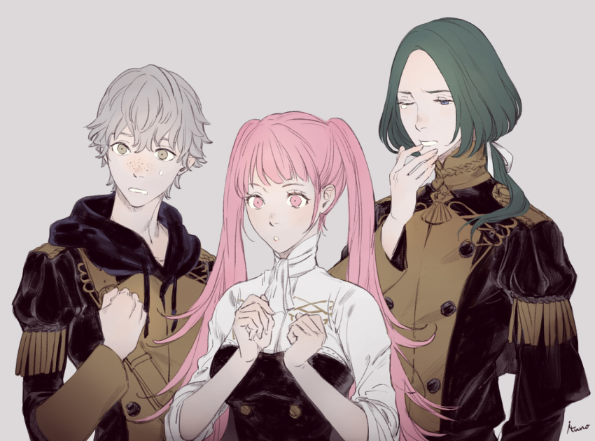 1girl 2boys ashe_ubert fire_emblem fire_emblem:_three_houses garreg_mach_monastery_uniform green_eyes green_hair grey_background grey_hair hilda_valentine_goneril linhardt_von_hevring lkhuhu long_hair long_sleeves multiple_boys one_eye_closed open_mouth pink_eyes pink_hair short_hair simple_background twintails uniform upper_body