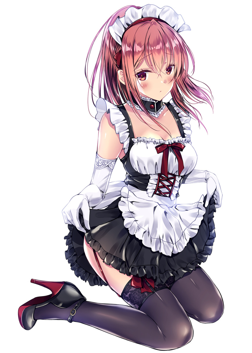 1girl apron bare_shoulders black_dress black_legwear breasts choker commentary_request dress elbow_gloves frilled_choker frilled_dress frills frown garter_straps gloves high_heels highres kneeling kobayashi_chisato long_hair looking_at_viewer maid maid_apron maid_headdress medium_breasts original red_eyes redhead simple_background sleeveless sleeveless_dress solo thigh-highs white_background white_gloves