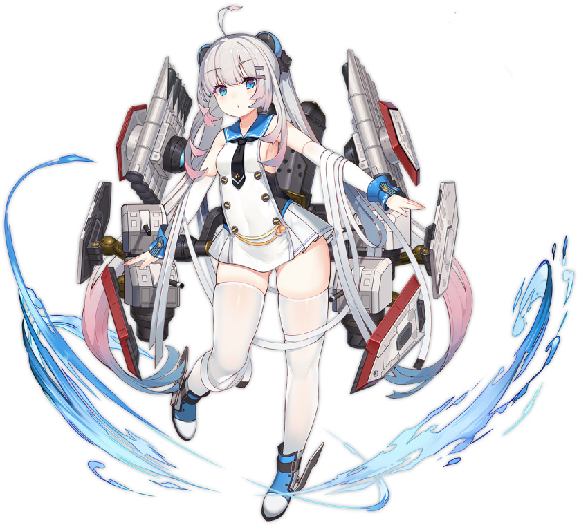 1girl ahoge azur_lane blue_eyes blush breasts detached_sleeves full_body grey_hair halsey_powell_(azur_lane) highres long_hair multicolored_hair official_art pink_hair rain_lan rigging sideboob thigh-highs torpedo_tubes transparent_background weapon white_legwear