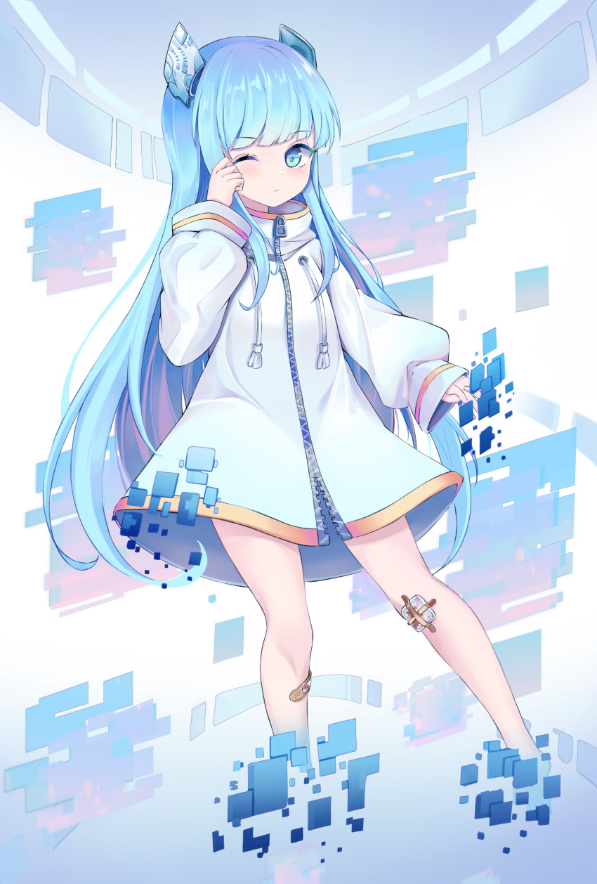 1girl absurdres bandaid bangs blue_eyes blue_hair blush commentary copyright_request eyebrows_visible_through_hair frown hair_ornament highres jacket lebring long_hair looking_at_viewer one_eye_closed solo virtual_youtuber white_jacket zipper