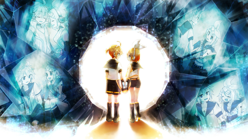 1boy 1girl backlighting bangs bare_shoulders bass_clef black_collar black_shorts black_sleeves blonde_hair blue_eyes bow closed_eyes collar commentary crop_top crystal detached_sleeves fortissimo haine_koko hair_bow hair_ornament hairclip hand_on_another's_shoulder hands_together headphones headset highres holding_hands kagamine_len kagamine_len_(append) kagamine_len_(vocaloid4) kagamine_rin kagamine_rin_(append) kagamine_rin_(vocaloid4) leg_warmers looking_at_another midriff nail_polish necktie open_mouth sailor_collar school_uniform shadow shirt short_hair short_ponytail short_shorts short_sleeves shorts shoulder_tattoo sleeveless sleeveless_shirt smile spiky_hair standing swept_bangs tattoo treble_clef v4x vocaloid vocaloid_append white_bow white_shirt wide_shot yellow_nails