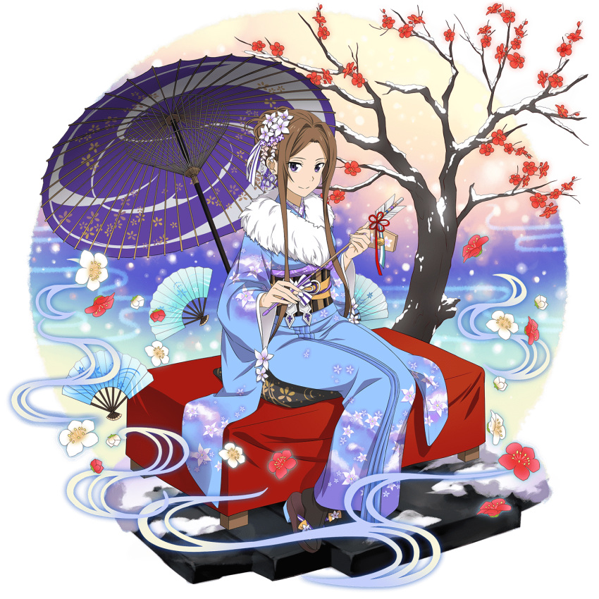 1girl arrow black_legwear blue_kimono brown_hair closed_mouth floral_print flower full_body fur-trimmed_kimono fur_trim furisode hair_flower hair_intakes hair_ornament hair_ribbon highres holding_arrow japanese_clothes kimono looking_at_viewer obi official_art oriental_umbrella print_kimono purple_umbrella red_flower ribbon sash short_hair_with_long_locks sidelocks sitting smile solo sortiliena_serlut sword_art_online tabi transparent_background tree umbrella violet_eyes white_flower white_ribbon