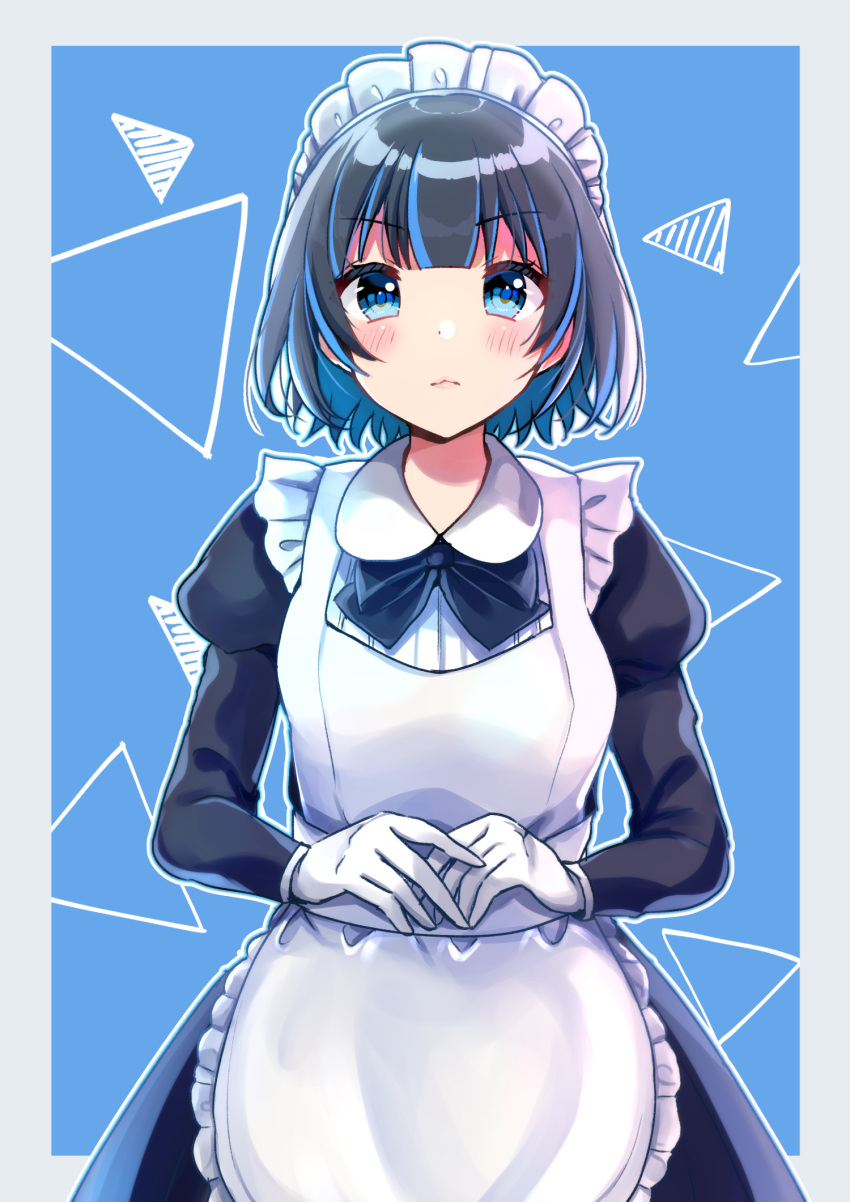 1girl apron bangs black_bow black_dress black_hair blue_background blue_eyes blue_hair blush bow breasts closed_mouth collared_dress commentary_request dress eyebrows_visible_through_hair frilled_apron frills gloves grey_background highres juliet_sleeves long_sleeves looking_at_viewer maid maid_apron maid_headdress minami_saki multicolored_hair original puffy_sleeves short_hair small_breasts solo two-tone_background two-tone_hair v-shaped_eyebrows white_apron white_gloves