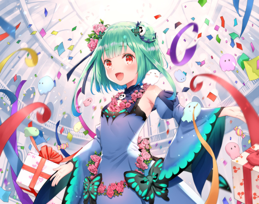 1girl armpits bug butterfly candy commentary_request confetti detached_sleeves double_bun fang flower food gift green_hair hair_flower hair_ornament hololive insect looking_at_viewer open_mouth red_eyes sleeveless solo uruha_rushia virtual_youtuber yasuyuki
