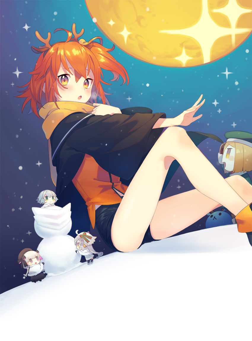 1girl animal_ears antlers bangs black_shorts brown_eyes dress_shirt fate/grand_order fate_(series) fujimaru_ritsuka_(female) hair_between_eyes highres long_hair looking_at_viewer miitarou moon open_mouth orange_hair orange_shirt reindeer_antlers reindeer_ears shiny shiny_hair shirt short_shorts shorts side_ponytail sitting solo