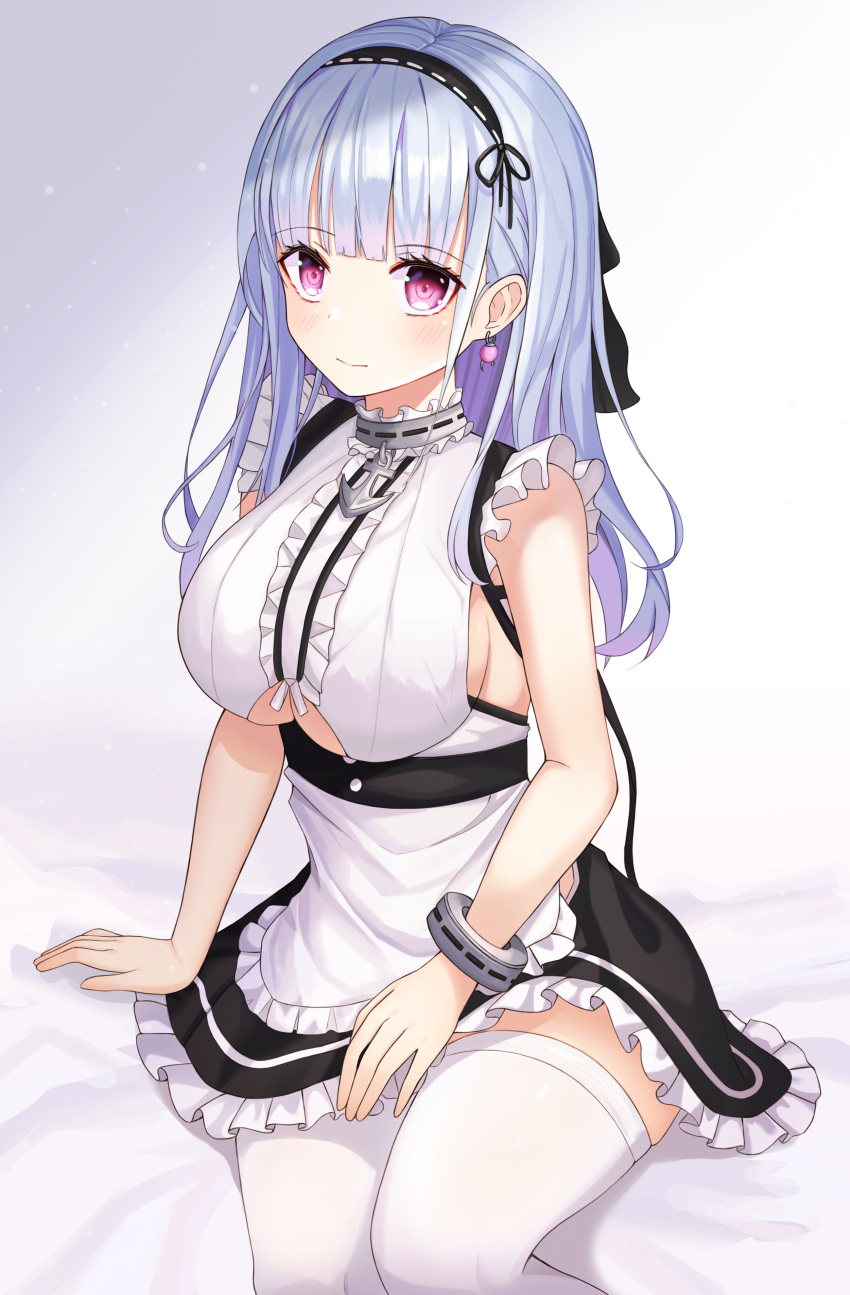 1girl absurdres anchor_choker anchor_necklace apron arm_support azur_lane bangs black_hairband blunt_bangs blush bracelet breasts center_frills choker closed_mouth commentary_request cowboy_shot dido_(azur_lane) dress earrings eyebrows_visible_through_hair frilled_choker frilled_dress frills funii gradient gradient_background hair_ribbon hairband hand_on_own_thigh highres jewelry lace-trimmed_hairband large_breasts long_hair looking_at_viewer maid maid_apron maid_dress on_bed pink_hair ribbon sideboob silver_hair sitting sitting_on_bed sleeveless sleeveless_dress solo thigh-highs under_boob underboob_cutout waist_apron white_apron white_background white_legwear zettai_ryouiki