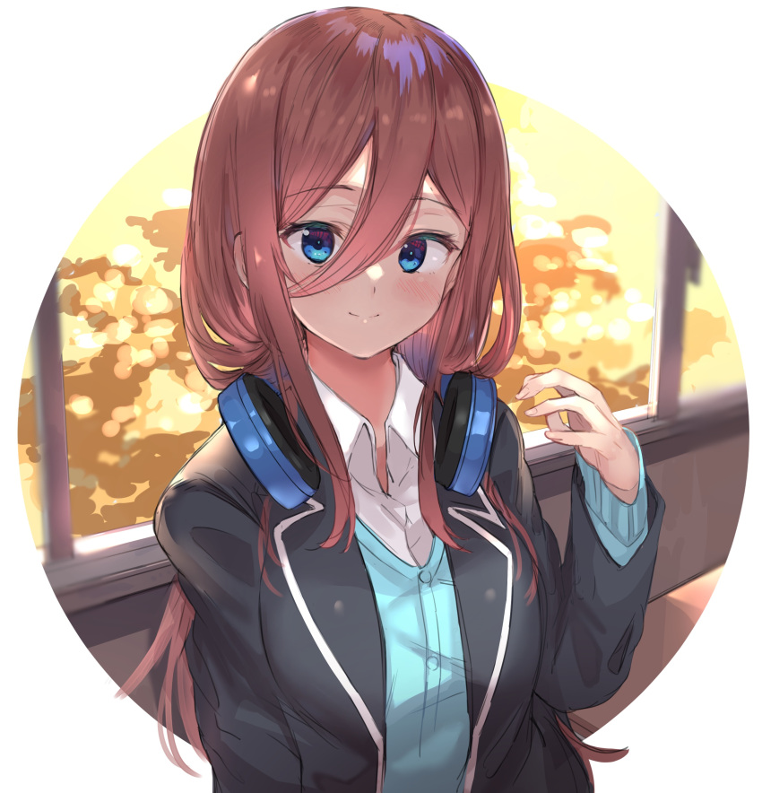 1girl absurdres bangs blue_eyes blush breasts brown_hair closed_mouth commentary_request eyebrows_visible_through_hair go-toubun_no_hanayome hair_between_eyes headphones headphones_around_neck highres large_breasts long_hair long_sleeves looking_at_viewer nakano_miku ranf shirt smile solo white_shirt