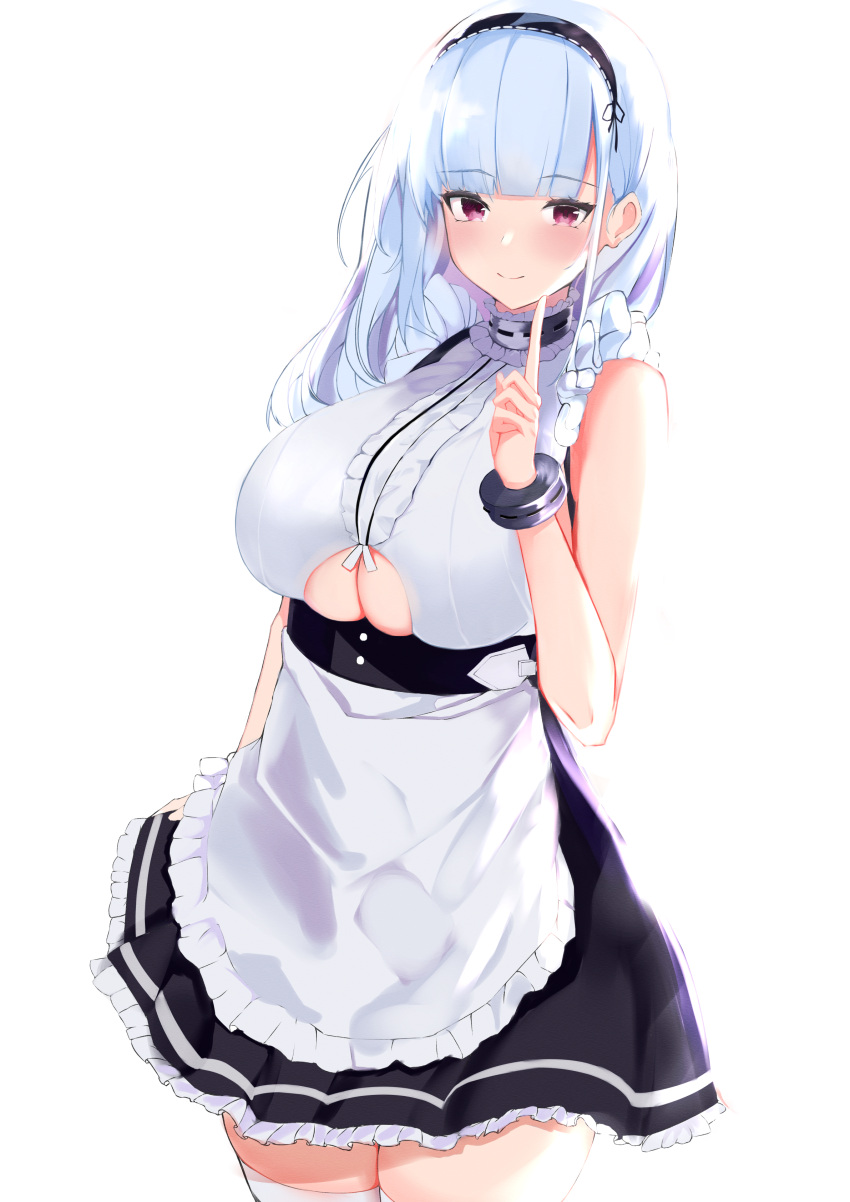1girl absurdres apron azur_lane bare_shoulders black_dress breasts cowboy_shot dido_(azur_lane) dress frilled_dress frills hairband highres index_finger_raised large_breasts long_hair looking_at_viewer maid maid_apron nephthys2356 red_eyes simple_background sleeveless sleeveless_dress smile solo thigh-highs under_boob underboob_cutout waist_apron white_background white_hair white_legwear zettai_ryouiki