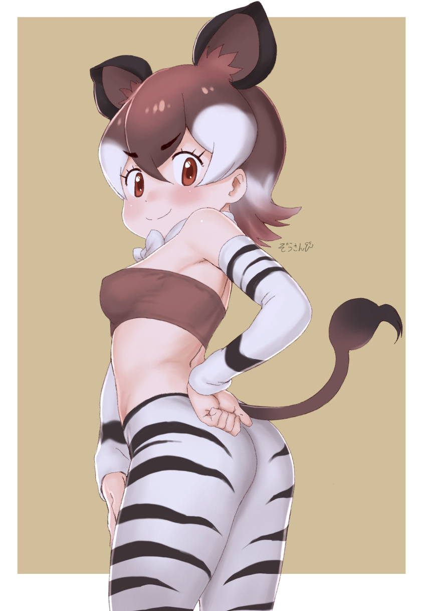 1girl animal_ears animal_print ass back bare_shoulders bow bowtie breasts brown_eyes brown_hair closed_mouth covered_nipples detached_sleeves extra_ears from_side grey_hair hair_between_eyes hand_on_hip highres kemono_friends masuyama_ryou medium_hair multicolored_hair okapi_(kemono_friends) okapi_ears okapi_tail pantyhose print_legwear print_sleeves seductive_smile small_breasts smile solo stomach strapless striped striped_legwear striped_sleeves tail tubetop twisted_torso v-shaped_eyebrows