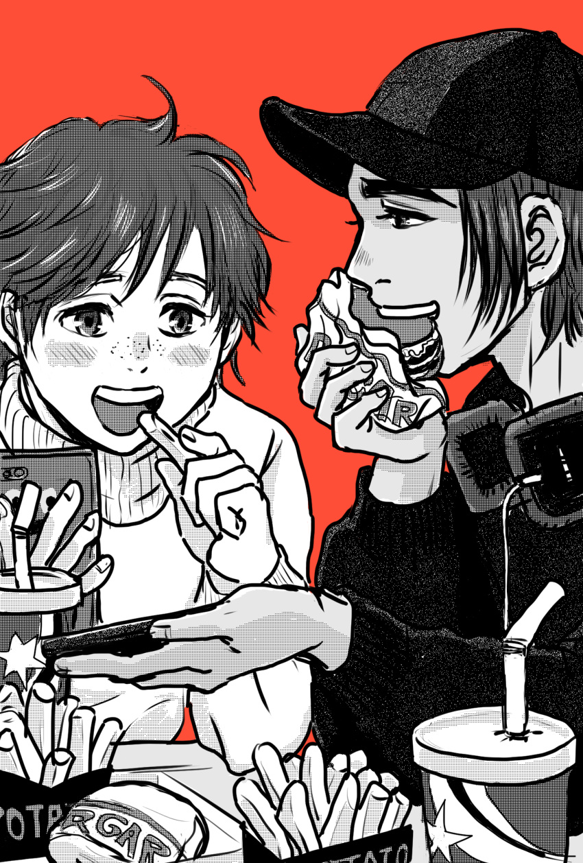 2boys baseball_cap cellphone cup disposable_cup drinking_straw eating food freckles french_fries greyscale hamburger hat headphones headphones_around_neck highres ji_guang-hong koizumi_riu leo_de_la_iglesia male_focus monochrome multiple_boys open_mouth orange_background phone smartphone smile sweater turtleneck turtleneck_sweater yuri!!!_on_ice