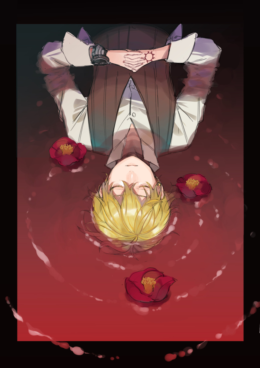 1boy absurdres blonde_hair blood_warning closed_eyes command_spell fate/strange_fake fate_(series) flat_eskardos flower highres interlocked_fingers lying pa_yashi partially_submerged pool_of_blood solo spoilers upside-down vest waistcoat