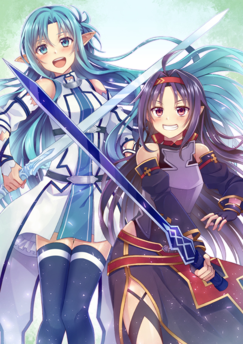 2girls :d ahoge asuna_(sao-alo) bangs bare_shoulders blue_eyes blue_hair blue_legwear blush body_armor breastplate breasts commentary_request cowboy_shot detached_sleeves dress eyebrows_behind_hair fingerless_gloves gloves grin hair_intakes hairband half_updo highres holding holding_sword holding_weapon inuro_neko_(kuro-nyan) leotard long_hair looking_at_viewer medium_breasts multiple_girls open_mouth parted_bangs pointy_ears purple_gloves purple_hair purple_leotard purple_skirt purple_sleeves rapier red_eyes red_hairband side_slit skirt smile sword sword_art_online thigh-highs weapon white_dress white_sleeves yuuki_(sao) zettai_ryouiki