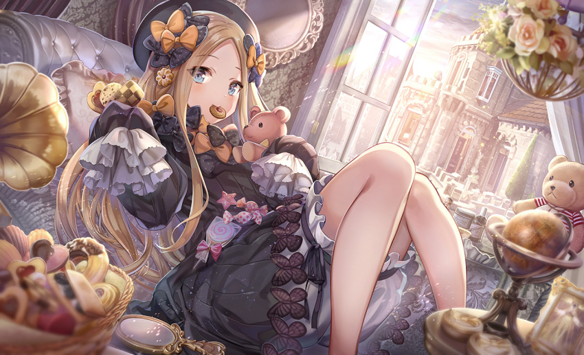 1girl abigail_williams_(fate/grand_order) bangs black_bow black_dress black_headwear blonde_hair bloomers blue_eyes blurry blurry_foreground bow bug butterfly candy candy_wrapper checkerboard_cookie commentary_request cookie day depth_of_field dress eyebrows_visible_through_hair fate/grand_order fate_(series) feet_out_of_frame food food_in_mouth globe hair_bow hat holding holding_food indoors insect knees_up lollipop long_hair long_sleeves looking_at_viewer lying object_hug on_back open_window orange_bow parted_bangs polka_dot polka_dot_bow sleeves_past_fingers sleeves_past_wrists solo stuffed_animal stuffed_toy swirl_lollipop teddy_bear torino_akua underwear very_long_hair white_bloomers window