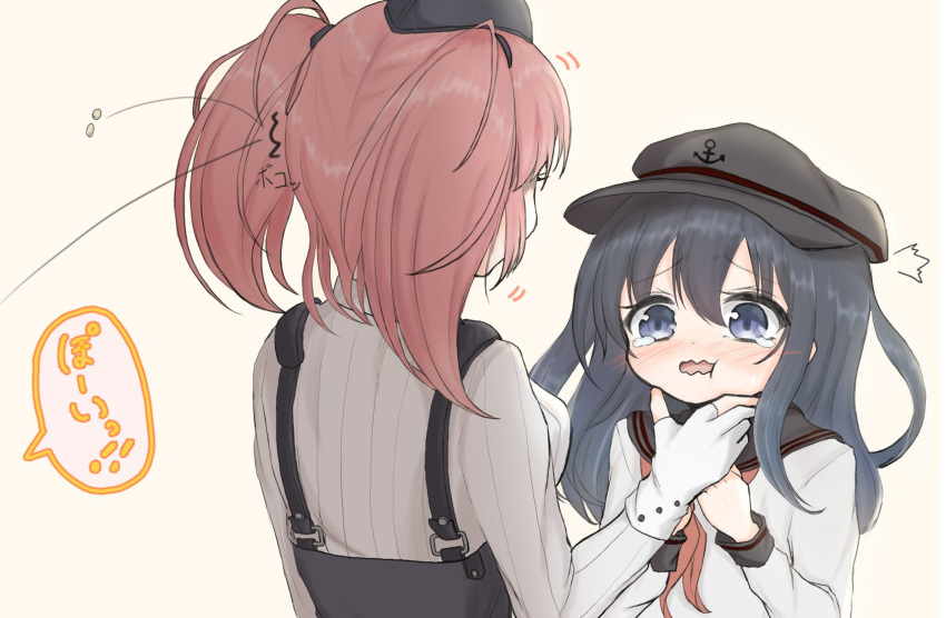 /\/\/\ 2girls akatsuki_(kantai_collection) anchor anchor_symbol atlanta_(kantai_collection) bean beige_background black_sailor_collar blue_eyes blue_hair blush breasts brown_hair commentary eyebrows_visible_through_hair flat_cap garrison_cap gloves hat highres kantai_collection kasashi_(kasasi008) long_hair long_sleeves multiple_girls open_mouth partly_fingerless_gloves red_neckwear sailor_collar school_uniform serafuku shaded_face simple_background skirt speech_bubble suspenders sweat tears two_side_up upper_body wavy_mouth