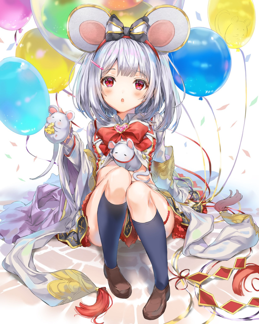 1girl animal_ears balloon bangs black_legwear bow brown_footwear cheese confetti crop_top fake_animal_ears food granblue_fantasy hair_bow hair_ornament hairclip headband highres holding long_sleeves miniskirt ooluoul rat red_eyes silver_hair sitting skirt solo vikala_(granblue_fantasy) white_background