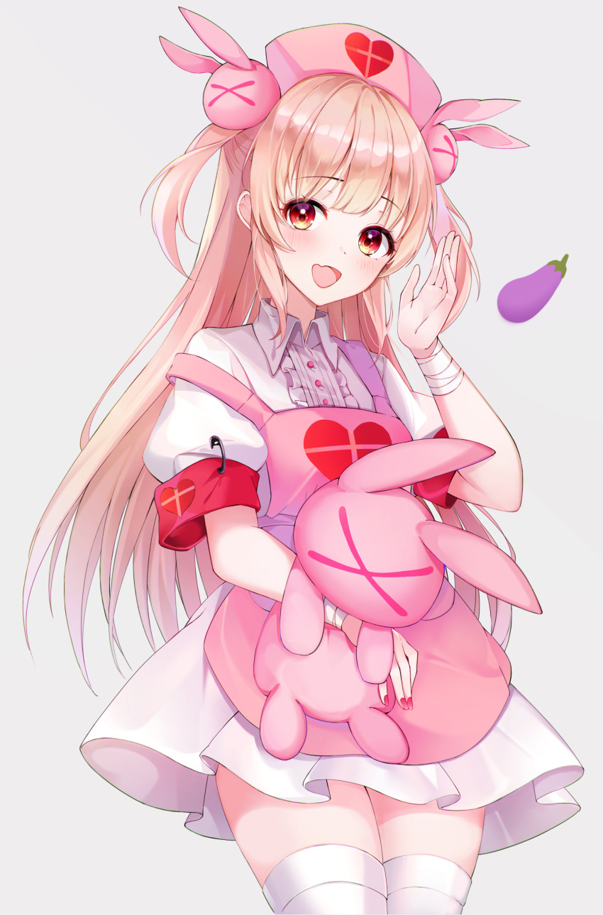 1girl absurdres apron bandages bangs blush bunny_hair_ornament commentary_request eyebrows_visible_through_hair hair_ornament hat heart highres lebring light_brown_hair long_hair looking_at_viewer natori_sana nurse_cap open_mouth pink_apron pink_headwear puffy_short_sleeves puffy_sleeves red_eyes sana_channel short_sleeves smile solo two_side_up virtual_youtuber