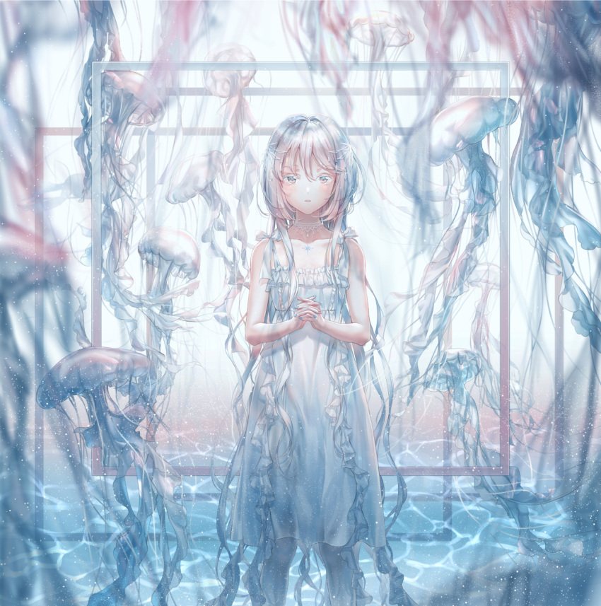 1girl bangs bare_shoulders blue_nails collarbone dress frilled_dress frills grey_eyes hands_clasped highres hoshi_ame jellyfish jewelry long_hair looking_at_viewer multicolored multicolored_nails necklace original own_hands_together personification silver_hair sleeveless sleeveless_dress solo standing wading water