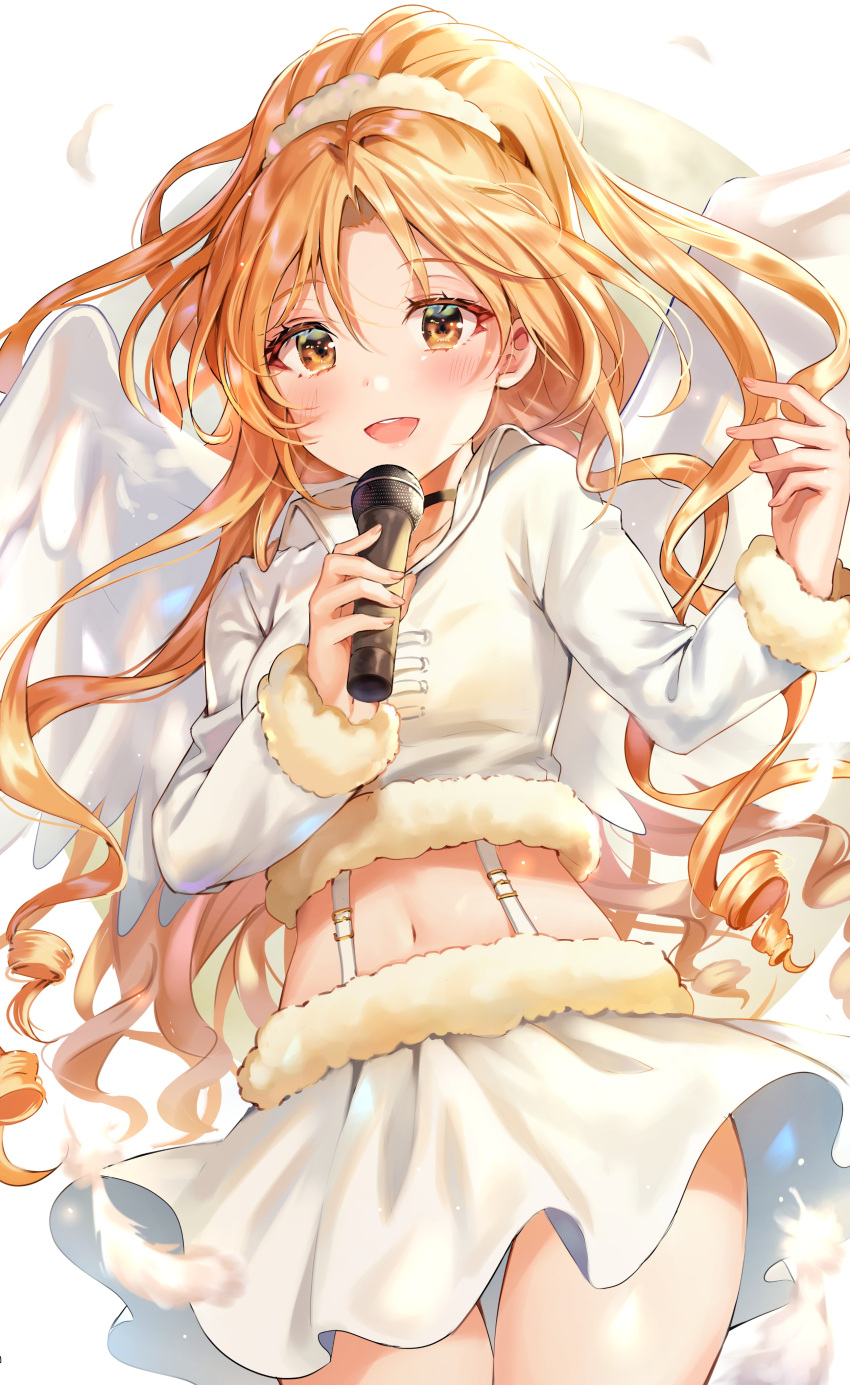 1girl absurdres angel_wings blonde_hair choker collared_shirt cowboy_shot crop_top curly_hair feathers garter_straps highres holding holding_microphone long_hair long_sleeves looking_at_viewer microphone midriff miniskirt open_mouth orange_eyes original ponytail shirt skirt smile solo tokkyu wavy_hair white_shirt white_skirt wings