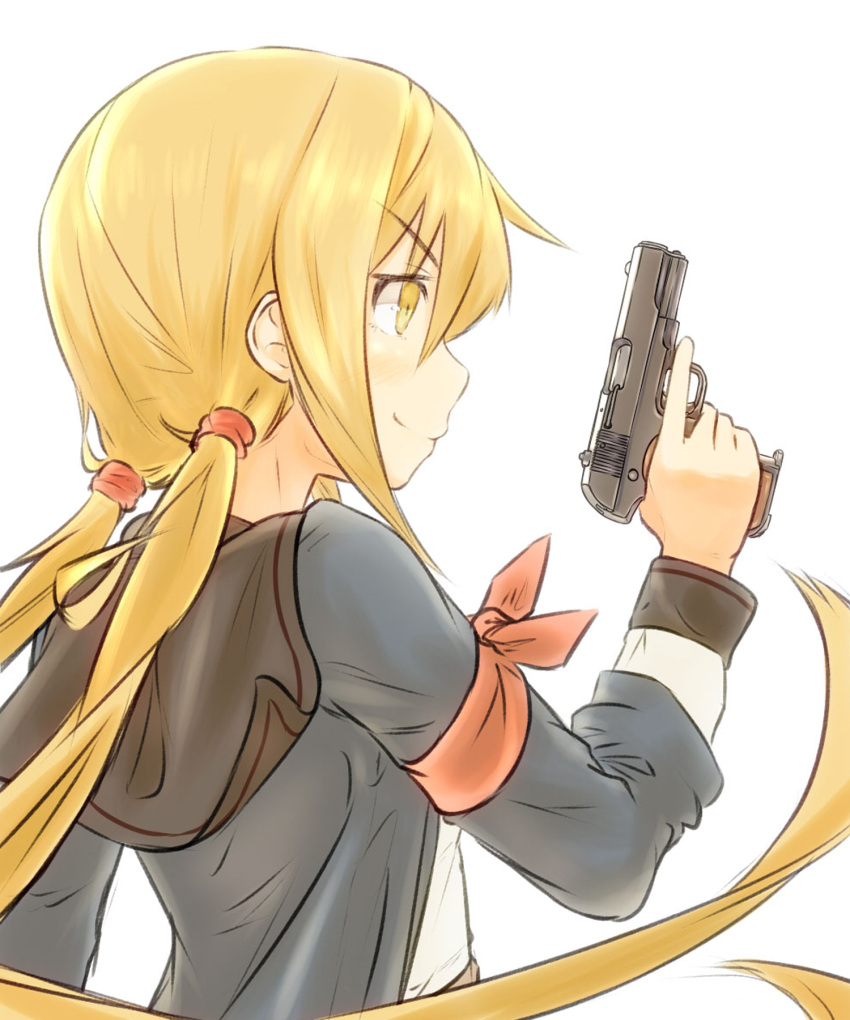 &gt;:) 1girl black_cardigan blonde_hair cardigan gun hair_between_eyes highres holding holding_gun holding_weapon kantai_collection long_hair long_sleeves low_twintails remodel_(kantai_collection) satsuki_(kantai_collection) simple_background smile solo suzushiro_(gripen39) twintails upper_body v-shaped_eyebrows weapon white_background yellow_eyes