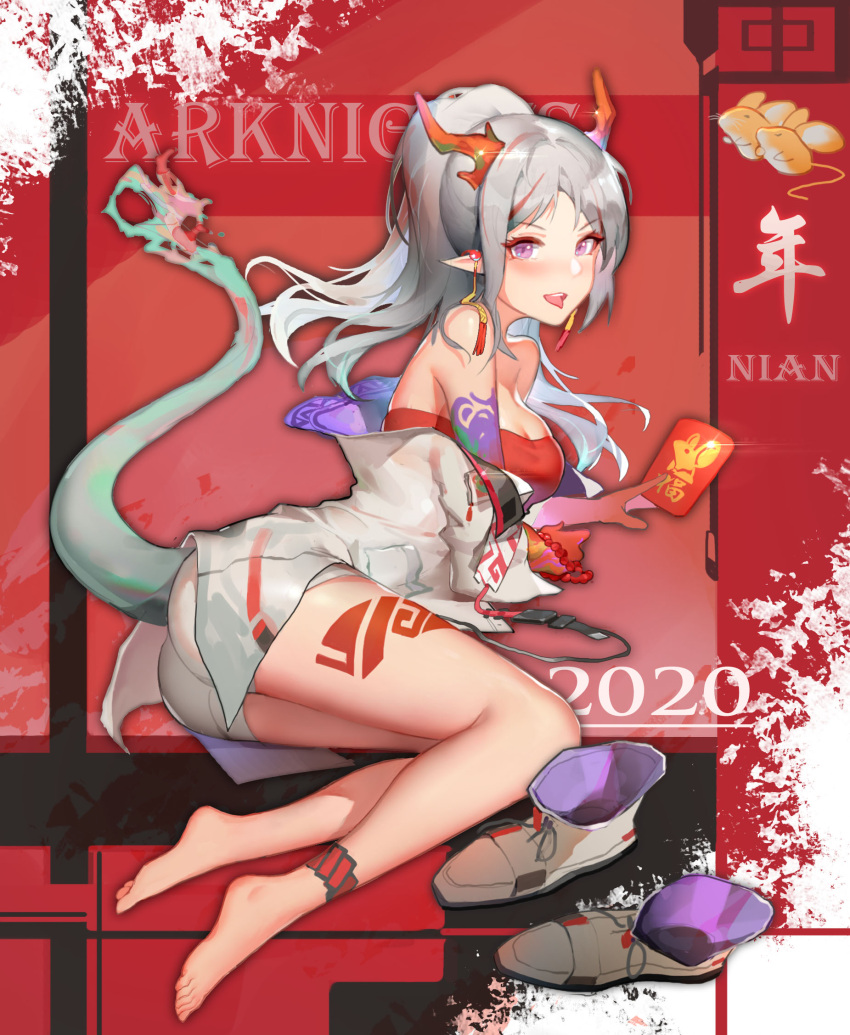 1girl 2020 :d arknights ass bandeau bare_legs bare_shoulders barefoot blush boots boots_removed breasts commentary_request copyright_name highres holding horns jacket kuhnowushi large_breasts long_hair looking_at_viewer nian_(arknights) off_shoulder open_mouth pointy_ears ponytail red_background short_shorts shorts sidelocks silver_hair smile solo strapless tail thighs tongue tongue_out tubetop violet_eyes white_footwear white_jacket white_shorts