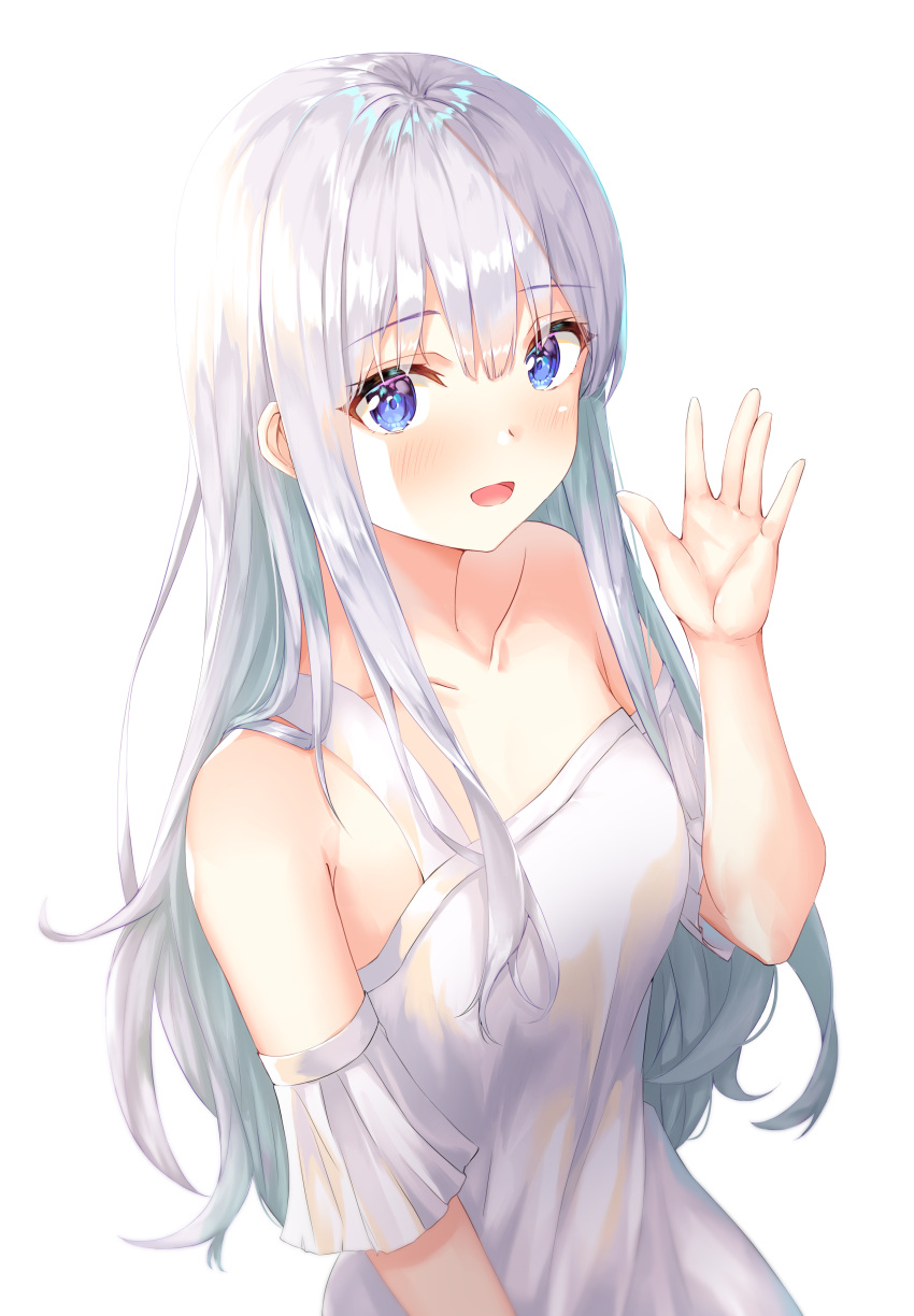 1girl absurdres bangs bare_shoulders blush breasts collarbone commentary_request dress eyebrows_visible_through_hair grey_hair highres kokose long_hair medium_breasts open_mouth original short_sleeves silver_hair simple_background smile solo violet_eyes white_background white_dress