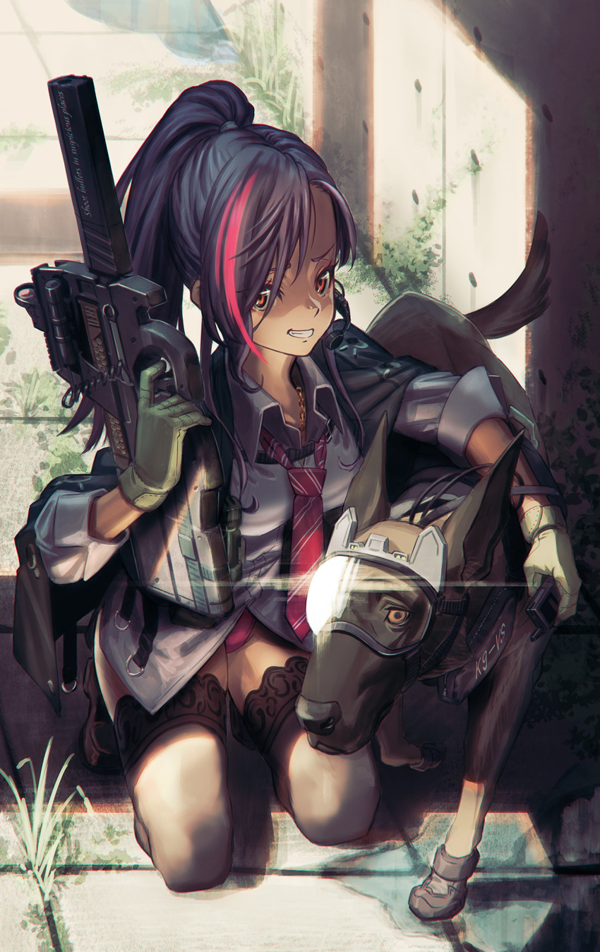 1girl animal bangs black_footwear black_hair black_jacket bullpup collared_shirt commentary_request day diagonal-striped_neckwear diagonal_stripes dog dress_shirt eyebrows_behind_hair finger_on_trigger gloves goggles green_gloves grey_legwear grin groin gun headset high_ponytail highres hironii_(hirofactory) holding holding_gun holding_weapon jacket jacket_on_shoulders kneeling loafers long_hair looking_at_viewer multicolored_hair necktie original outdoors p90 panties pink_panties ponytail red_eyes red_neckwear redhead shirt shoes sidelocks smile solo streaked_hair striped striped_neckwear submachine_gun thigh-highs underwear weapon white_shirt