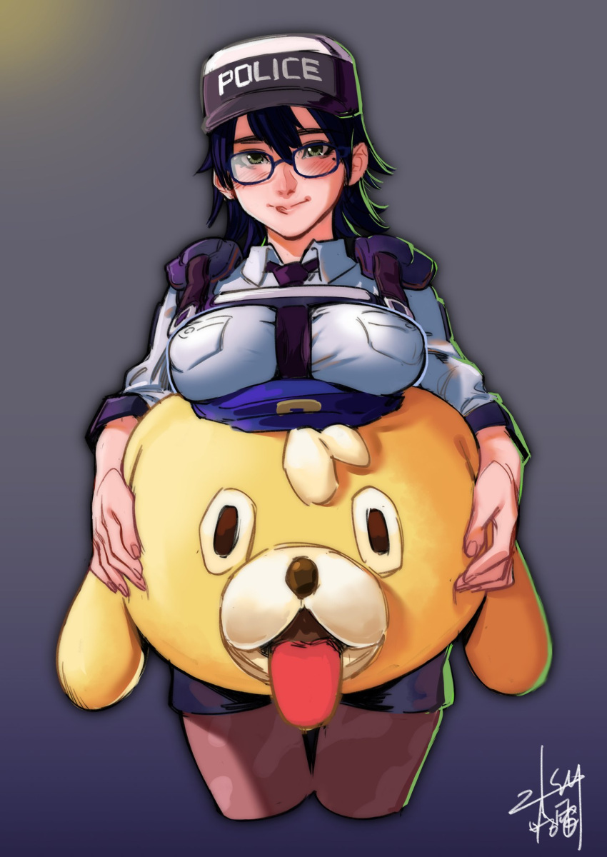 1girl astral_chain between_breasts blue-framed_eyewear blue_hair blush breast_rest breasts brown_legwear commentary_request cropped_legs glasses green_eyes haleileileilei harness hat highres impossible_clothes impossible_shirt lappy large_breasts marie_wentz mascot_costume mascot_head medium_hair mole mole_under_eye necktie necktie_between_breasts nose_blush pantyhose police police_hat police_uniform policewoman purple_neckwear shirt shorts shoulder_pads solo uniform