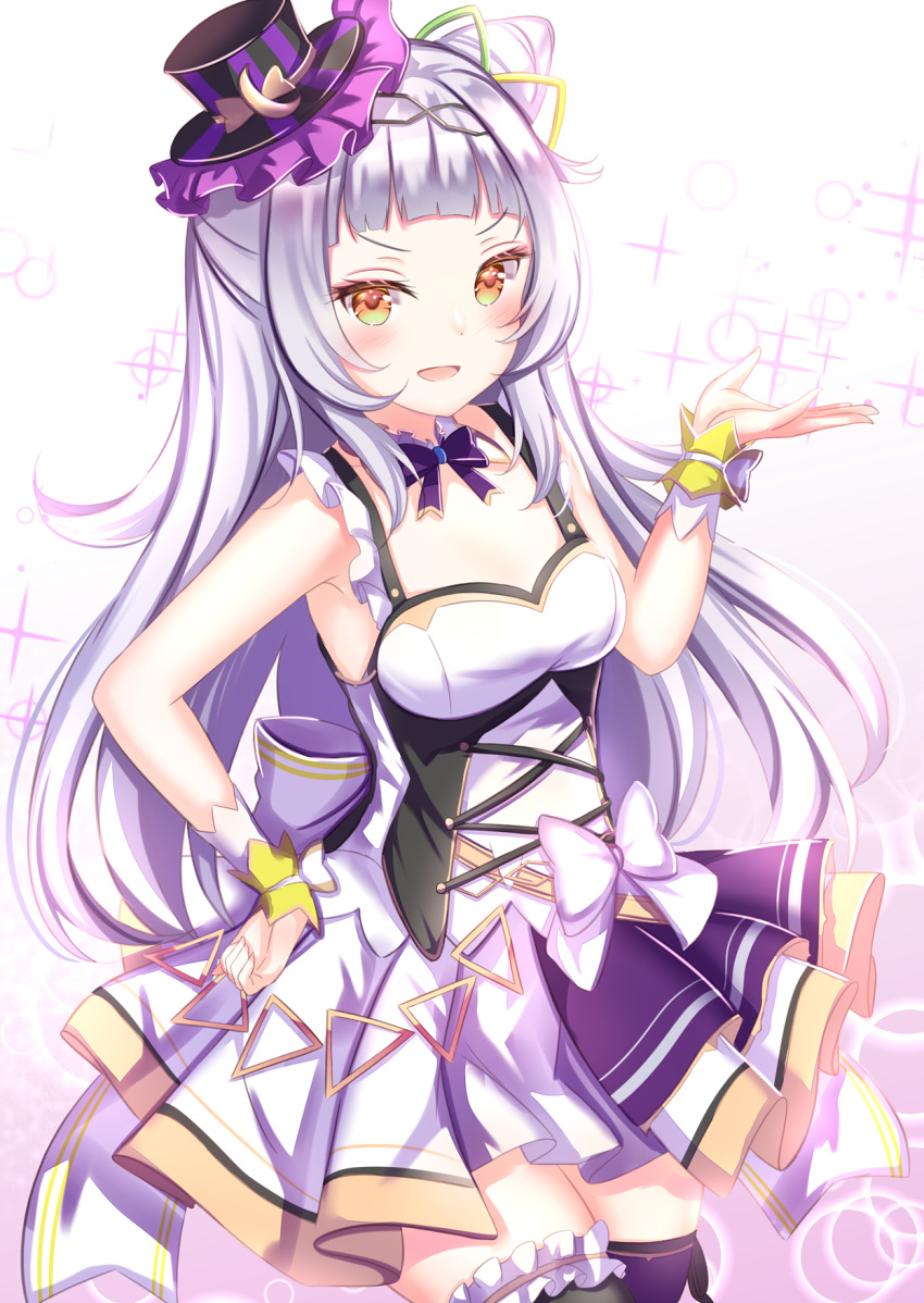 1girl alternate_costume armpits bangs blunt_bangs blush breasts frills hat highres hololive idol_clothes lavender_hair long_hair looking_at_viewer murasaki_shion open_mouth orange_eyes small_breasts solo sparkle virtual_youtuber yuano