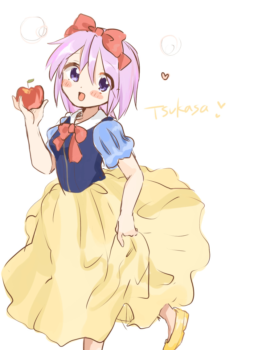 1girl apple bow cosplay disney dress food fruit heart highres hiiragi_tsukasa looking_back lucky_star open_mouth purple_hair red_bow skirt_hold snow_white snow_white_(disney) snow_white_(disney)_(cosplay) snow_white_and_the_seven_dwarfs solo