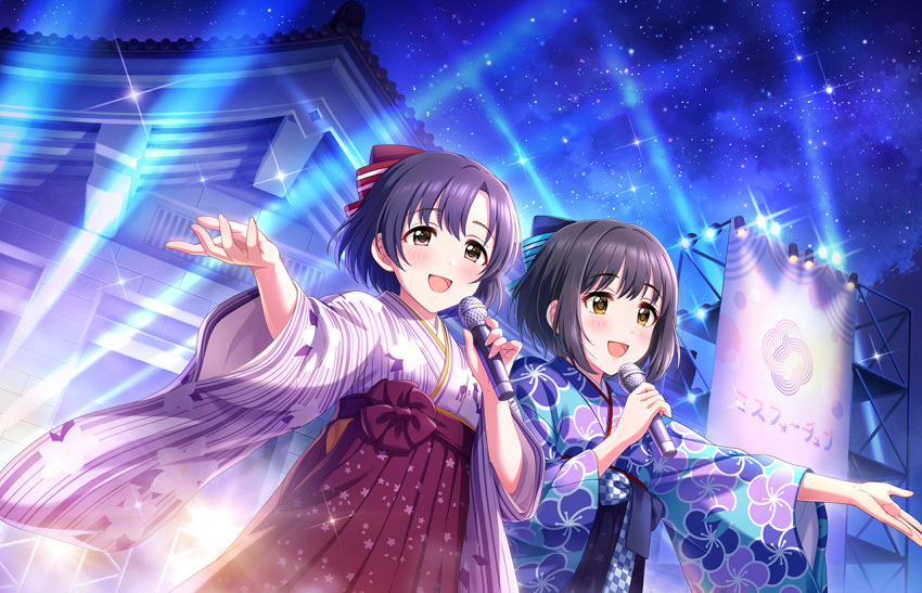 blush idolmaster_cinderella_girls_starlight_stage kimono purple_hair red_eyes shiragiku_hotaru short_hair smile