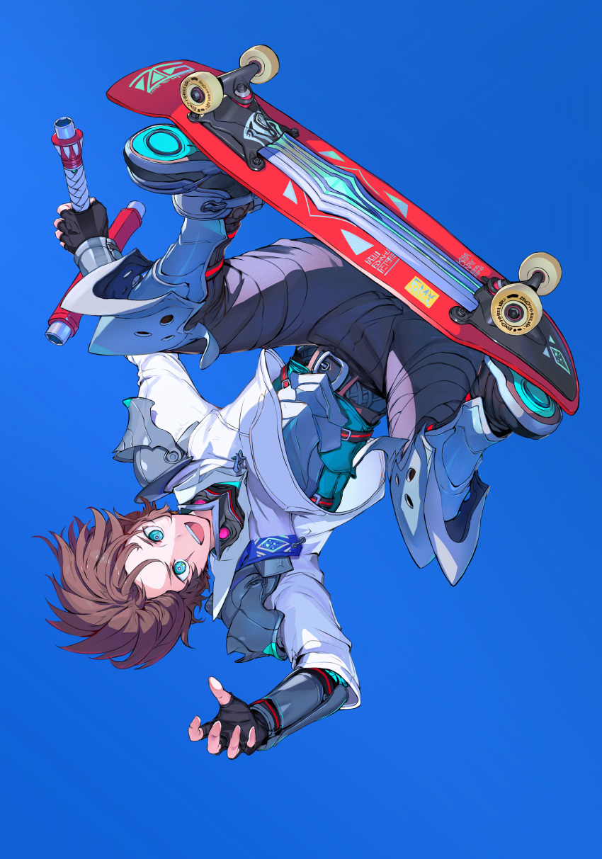 1boy absurdres armor belt black_gloves blue_eyes breastplate brown_hair facial_scar fingerless_gloves gloves greaves highres holding male_focus open_mouth original panko_(drive_co) pauldrons scar skateboard smile solo tongue upper_teeth upside-down