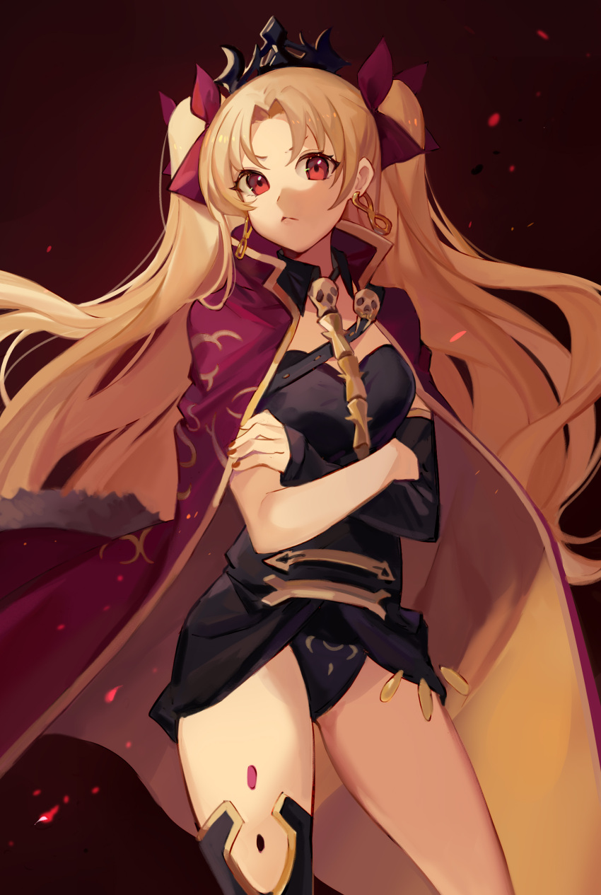 1girl :&lt; absurdres bangs black_legwear black_leotard blonde_hair bow breasts cape closed_mouth cowboy_shot crossed_arms detached_sleeves earrings ereshkigal_(fate/grand_order) fate/grand_order fate_(series) gradient gradient_background hair_bow highres jewelry leotard long_hair looking_at_viewer medium_breasts nail_polish orange_nails parted_bangs petals purple_bow purple_cape red_background red_eyes single_detached_sleeve single_thighhigh skull solo spine thigh-highs tiara two_side_up v-shaped_eyebrows very_long_hair yayako_(804907150)