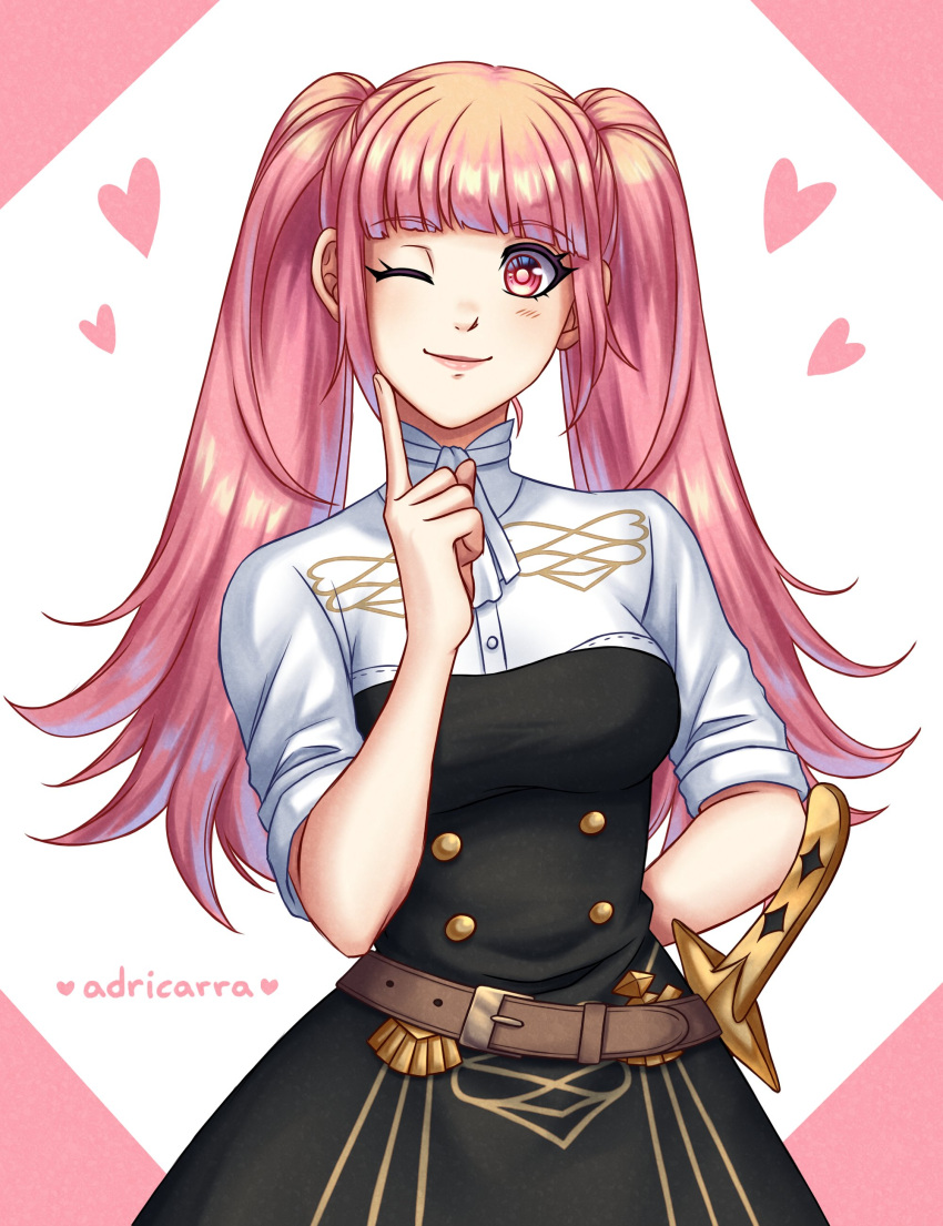 1girl absurdres adricarra artist_name belt closed_mouth fire_emblem fire_emblem:_three_houses garreg_mach_monastery_uniform highres hilda_valentine_goneril long_hair one_eye_closed pink_eyes pink_hair smile solo twintails uniform