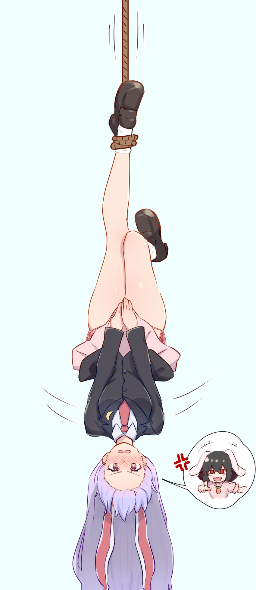 1girl :d absurdres anger_vein angry animal_ears bare_legs black_footwear black_hair black_jacket blazer blush breasts bunny_girl carrot_necklace collared_shirt crescent crescent_moon_pin dress embarrassed forneus_0 full_body hanging highres inaba_tewi jacket lavender_hair leg_up long_hair looking_at_viewer medium_breasts miniskirt necktie open_mouth panties pink_dress pink_panties pink_skirt pleated_skirt pointing pointing_at_viewer purple_hair rabbit_ears red_eyes red_neckwear reisen_udongein_inaba restrained shirt shoes side-tie_panties skirt skirt_tug smile solo spoken_anger_vein spoken_character thighs touhou trapped underwear upside-down very_long_hair white_legwear white_shirt